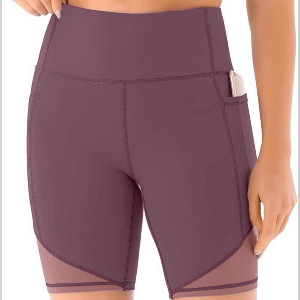 Purple berry plum yoga biker high waisted shorts with pockets and mesh details